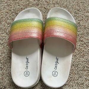 Cat & Jack White Slide Sandals with Glitter Rainbow Straps 13/1